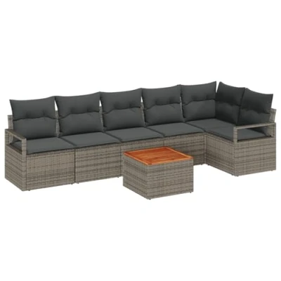 Afbeelding van vidaXL 7 delige Tuin Sofa Set met Kussens Grijs Poly Rattan Acacia, 2 Persoons