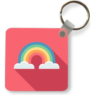 Afbeelding van Sleutelhanger Uitdeelcadeautjes Kinderillustratie regenboog met wolken op roze achtergrond Plastic