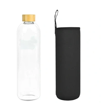 Afbeelding van Glazen waterfles met bamboesluiting, milieuvriendelijk, recyclebaar, niet giftig, BPA vrij, 1500 ml, zwarte hoes zonder slogan