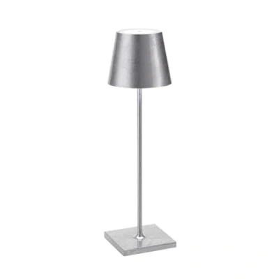 Afbeelding van Zafferano Poldina Pro Dimmable Draadloze LED Tafellamp, Bladafwerking, IP54 Bescherming, Binnengebruik, Contact Laadbasis, H38cm, EU Plug Zilverblad