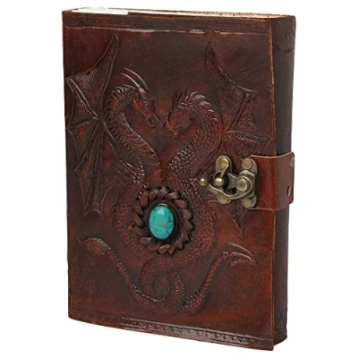 Afbeelding van OVERDOSE Dubbele draak met steen, C Lock dagboek van leer, gebonden, voor dames en heren, 12,7 x 17,8 cm, 12 17 A6