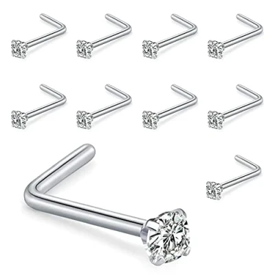 Afbeelding van Liuxn 10 Stuk Gebogen Neus Stud Stalen Ring Zirconia L Bend Bar Piercing Sieraden, 20 Gauge