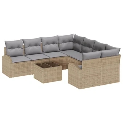 Afbeelding van vidaXL 9 Delige Tuin Sofa Set met Kussens Beige Poly Rattan, 2 Zitter Opslag &amp; Rattan