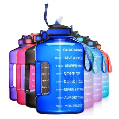 Afbeelding van ETDW Sportfles, 3,78 liter, met tijdsaanduidingen, BPA vrij, herbruikbaar, verdikt, draagbare emmer rietjes, sportfles sterke handgreep, blauw