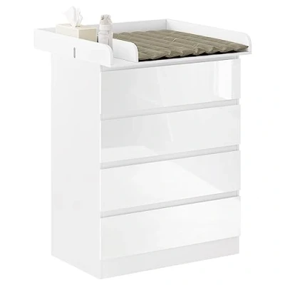 Afbeelding van WOLTU Wikkelcommode met afneembaar aankleedkussen, babycommode 4 laden, hoogte 110 cm, wit + hoogglans