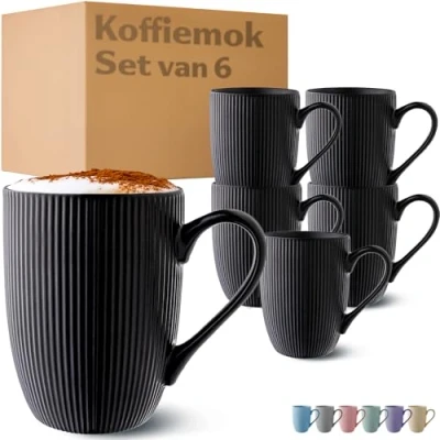 Afbeelding van koffiekopjes set van 6 moderne zwarte uniek strepenpatroon mat keramiek magnetronbestendig vaatwasmachinebestendig &amp; comfortabele grip