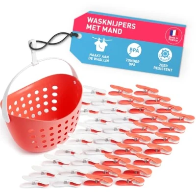 Afbeelding van Zachte clips met mand (40 stuks mand/koraal wit koraal handgreep wit) van culiclean Premium wasknijpers