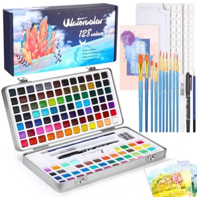 Afbeelding van Azyvum Aquarelverfset, 128 kleuren in draagbare doos, met penseel en aquarelpapier, aquarel voor reizen, waterverf kunstenaars, hobbyschilders schilderliefhebbers