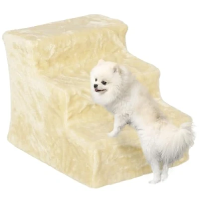 Afbeelding van PawHut Hundetreppe 3 stufige 35 cm Haustiertreppe mit Plüschoptik, Katzentreppe für Bett, Sofa, Katzen bis 4,5 kg, Beige