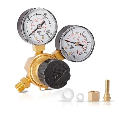 Afbeelding van STAHLWERK Mini Drukregelaar ST 215 volgens DIN norm en ISO 2503 tot 200 bar van hoogwaardig messing voor Argon CO2 Mix 18 beschermgas TIG MIG MAG lasapparatuur