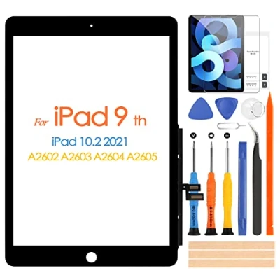 Afbeelding van touchscreen voor iPad 9 2021 9e generatie, digitizer 10.2 A2602 A2603 A2604 A2605, touchscreen, inclusief reparatiegereedschap, zonder Home knop (zwart)