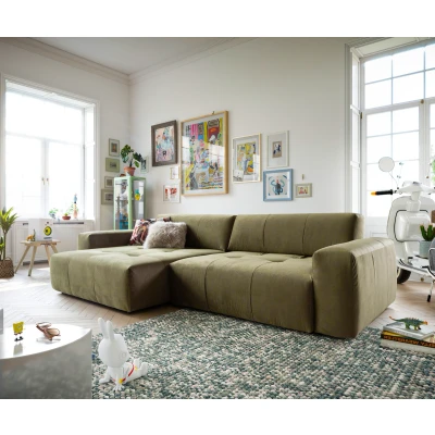 Afbeelding van Hoekbank Lazaro Fluweel olijf 300x160 cm ottomaan Links met zitdiepteverstelling