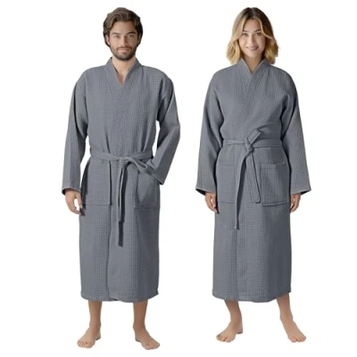 Afbeelding van HOMELEVEL Pique Badjas Reisbadjas 100% katoen S 6 XL dames en heren grote maten ochtendjas kimono saunamantel reizen piquee wafelpique vrouwen mannen, antraciet, 3XL