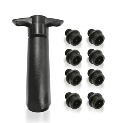 Afbeelding van 8 wijnsluitingen met 1 vacuümpomp, wijnvacuüm sluiting, wijnflessendop, conserveringswijnflessluiting, herbruikbare wijnflessluiting (zwart)