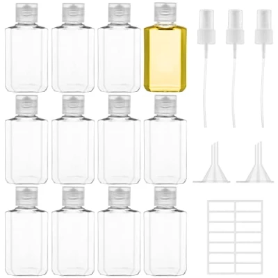 Afbeelding van 12 stuks 60 ml reisflessenset, plastic fles met flip dop, transparante lege cosmetica, reiscontainer sprinkler, trechter en etiket voor vliegreizen, shampoo, conditioner lotion (60 ml)