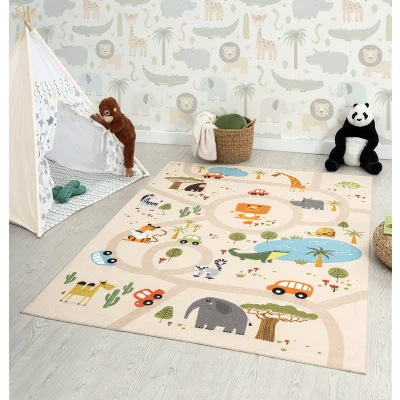 Afbeelding van Vloerkleed kinderkamer Beige 200x290 cm Afwasbaar Antislip Tapijt voor jongens en meisjes met een straat jungledieren Happy Life by the carpet