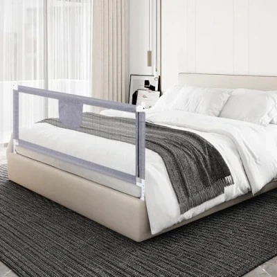 Afbeelding van HUOLE Bedhek, 150/180/200 cm, in hoogte verstelbaar, bedbeschermingshek, kinderbedbeschermingshek met luchtig net, veilig, eenvoudige montage, 1,8 m, grijs