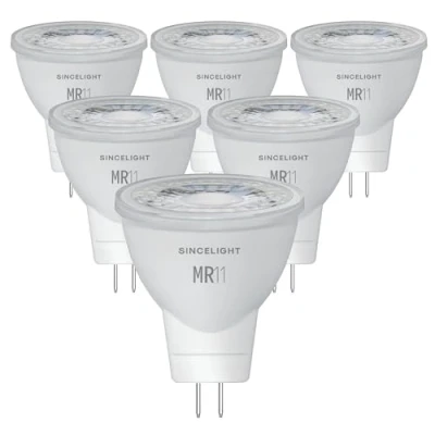 Afbeelding van SINCELIGHT MR11 GU4 LED Kleine Reflector Ø35mm spotlamp met lampvoet, 3W, 12V, 280 lumen, RA≈92, 6000K (koelwit), 25W halogeenequivalent vervanging, 35 graden lichtbundel, NIET dimbaar, verpakking van 6