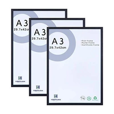 Afbeelding van YEEPHAN Set van 3 A3 fotolijsten zwart massief houten lijsten 29,7 x 42 cm met voorkant kunststof glas, voor schilderijen/lijsten certificaten wandmontage