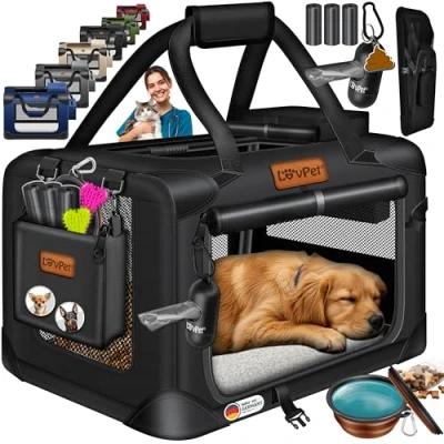 Afbeelding van Lovpet® Hondenbox, incl. hondenbak, opvouwbaar, M 60 x 42 cm hondentransportbox, transporttas, hondentas, transportbox voor huisdieren, honden en katten, zwart