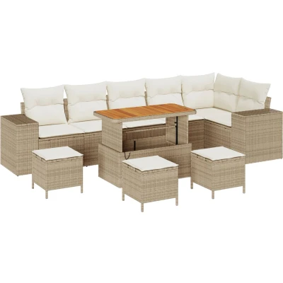 Afbeelding van vidaXL 10 delige Tuin Sofa Set met Kussens Beige Poly Rattan Acacia, 4 Eetset Acacia