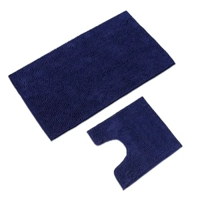 Afbeelding van WohnDirect Badmatset, 2 delig, donkerblauw wc mat (45x45cm), badmat (50x80cm) antislip, wasbaar, badkamertapijt met uitsparing