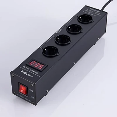Afbeelding van Pailvens HiFi Netfilter, 4 voudige ontstoringsfilter, stopcontact met lcd display, overspanningsbeveiliging, laadbeveiliging tot 15 A, meervoudige stekkerdoos voor luidspreker, cd /dvd speler, zwart