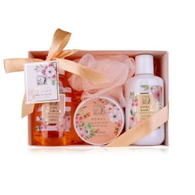 Afbeelding van Accentra Doucheset dames cadeauset HONEY JASMINE in een mooie geschenkdoos 4 delige verzorgingsset met douchegel, bodylotion, body butter en mesh spons voor Valentijnsdag Moederdag
