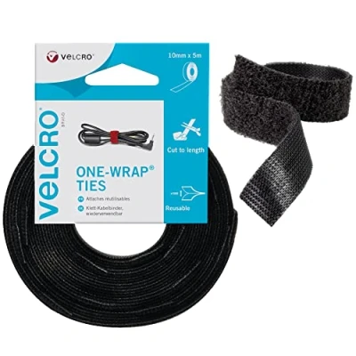 Afbeelding van VELCRO merk One Wrap herbruikbare kabelbinders, multifunctionele perfect bureauaccessoire voor kabelmanagement en doe het zelvers, zwart, 10 mm x 5 m