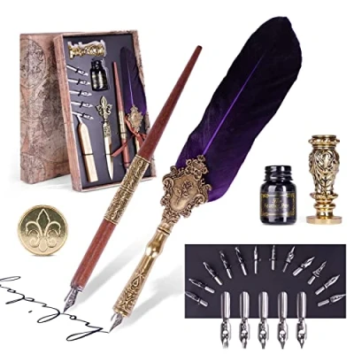 Afbeelding van Feather Calligraphy Pen Ink Set,Quill Writing Set,Vintage met inkt,met verwisselbare punten (25 stuks) kalligrafieset voor beginners en professionals.