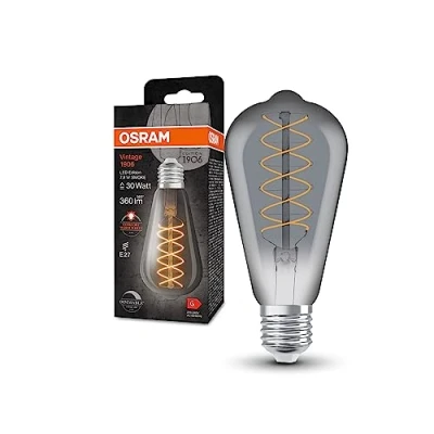 Afbeelding van OSRAM Vintage 1906 LED lamp met smoke kleurtoon, 7,8W, 360lm, Edison vorm 64 mm diameter &amp; E27 fitting, warm witte lichtkleur, spiraalfilament, dimbaar, tot 15.000 branduren