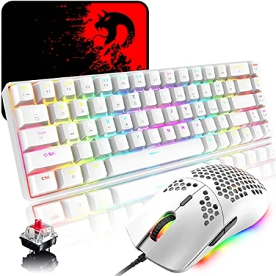 Afbeelding van RGB Gaming Toetsenbord en Muis Set, 68 Toetsen Rode Schakelaar 60% Mechanisch Keyboard, 6400DPI Honingraat Lichtgewicht Programmeerbaar Mouse, USB Bedraad, Compatibel met Windows Mac PS4 XBox, Wit