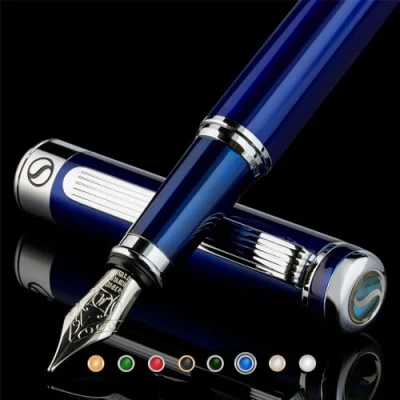 Afbeelding van Scriveiner blauw gelakte vulpen, prachtige pen met chroomafwerking, 18K vergulde Schmidt penpunt (medium), beste cadeauset voor mannen en vrouwen, professioneel, uitvoerend, kantoor, mooie pennen