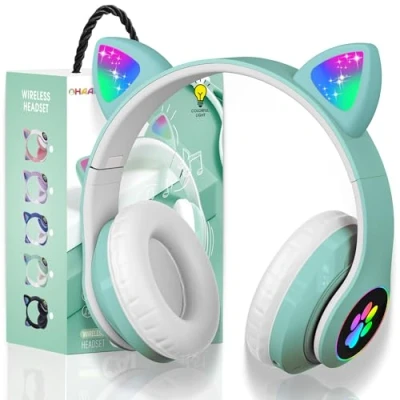 Afbeelding van OHAANYY Draadloze Kinderhoofdtelefoon Met Ledlicht, Hoofdtelefoon Kattenoren, Voor Meisjes Opvouwbaar Bluetooth Hoofdtelefoon,Met Microfoon Tv/Verjaardag/Kerstmis (Groente)