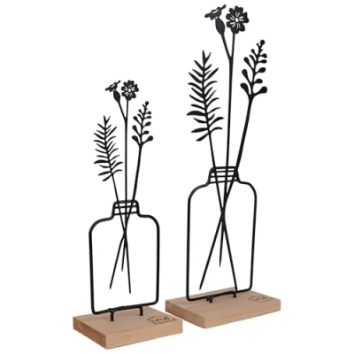 Afbeelding van UNUS Staande bloemenvaas, set van 2, metaal, bamboehout, decoratie, tafeldecoratie, woondecoratie, zwart
