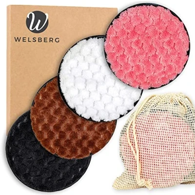Afbeelding van Welsberg 4x Wattenschijfjes, herdraagbare make upkussentjes, wasbaar, milieuvriendelijk microvezelkatoen, verwijderbaar doekje, dubbelzijdige gezichtsreinigingsdoek, gezichts en oogreinigingsdoekjes met waszak