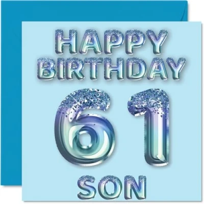 Afbeelding van 61e verjaardagskaart voor zoon blauwe glitter feestballonnen gelukkige verjaardagskaarten 61 jarige van mama papa ouders, 145 mm x cadeau