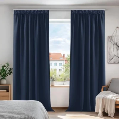 Afbeelding van Deconovo Verduisterende Gordijnen Plooiband, Gordijn Warmte isolerend, Kant en Klaar, in Polyester voor Slaapkamer, 132x160 cm (B x H), set van 2