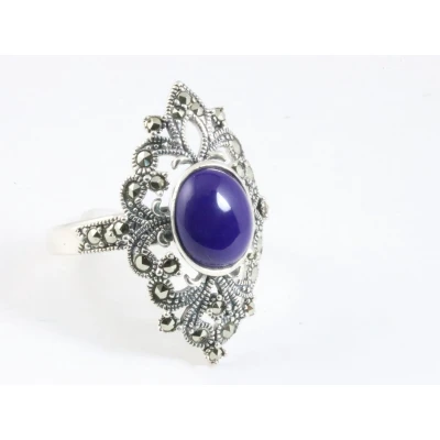 Afbeelding van Opengewerkte zilveren ring met lapis lazuli en marcasiet maat 19