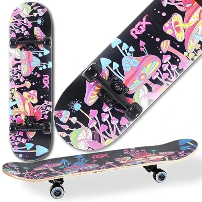 Afbeelding van WeLLIFE Compleet skateboard met dubbele afbeelding voor beginners, RGX Double Triangle Skate Board van hout, 79 x 20 cm, 9 lagen concatief esdoornhout, Kick kinderen en jongens volwassenen (DBL466 Mushrooms)