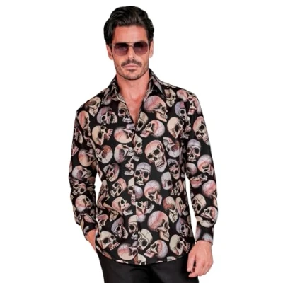 Afbeelding van Widmann Spaans &amp; Mexicaans Kostuum Skull Emperor Overhemd Man Zwart Small / Medium Carnavalskleding Verkleedkleding