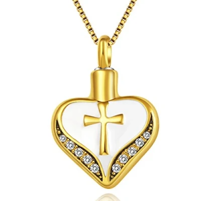 Afbeelding van Quiges RVS Ashanger Urn Zirkonia Gouden hart kruis met Verstelbare Ketting 46 52cm Asketting As sieraad SLSA019