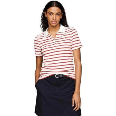 Afbeelding van Tommy Hilfiger 1985 SLIM Stripe Poloshirt, Dames, Maat: XL, Breton ecru/terra red