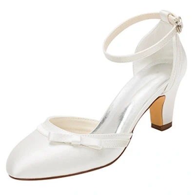 Afbeelding van Emily Bridal Bruiloft Schoenen Ivoor Hoge Hak Ronde Enkelband Boog Bruidsschoenen 35EU