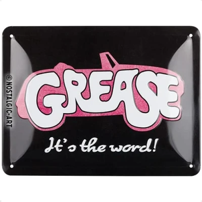 Afbeelding van Grease It&#039;s the world! Metalen wandbord in reliëf 15 x 20 cm.