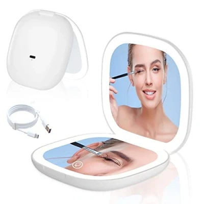 Afbeelding van Aicharynic Led zakspiegel met 1X/10x vergroting, cosmeticaspiegel, vergrotingsspiegel licht, reisspiegel dimbaar en 2 zijdig ledlicht, inklapbaar, cadeau voor meisjes