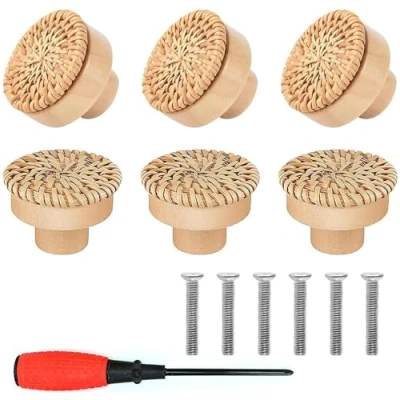 Afbeelding van EXFU 6 stuks meubelknoppen hout, rotan meubelknoppen, houten deur, ladegrepen, ronde knoppen, natuurlijke kastknoppen met schroeven, boho decoratie, schroeven