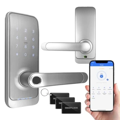 Afbeelding van EURA ELH 01H4 Smart deurslot met handgreep, codeslot, 13,56 MHz nabijheidslezer, biometrische lezer, app TTLock/TTHotel, IP65, universele grendel, wit