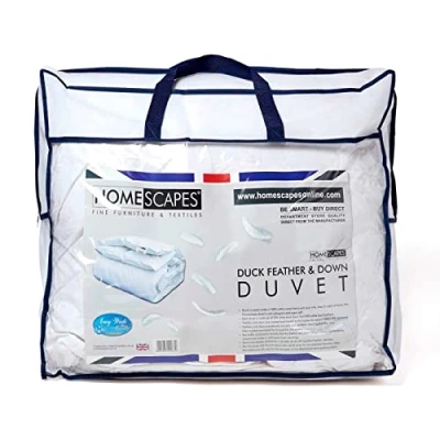 Afbeelding van HOMESCAPES Super King Size 10,5 Tog nieuwe witte eendenveren en donzen dekbed 100% katoen anti huisstofmijt donsbestendige hoes allergeen RDS gecertificeerd wasbaar thuis luxe