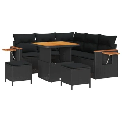 Afbeelding van vidaXL 8 delige Tuin Sofa Set met Kussens Zwart Poly Rattan Acacia, 3 Eet Acacia